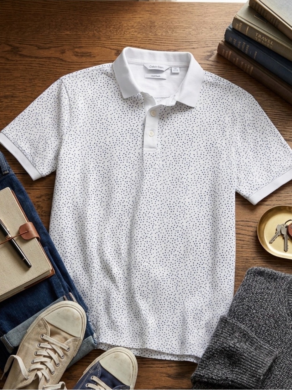 Calvin Klein White Polo with Navy Dot Print